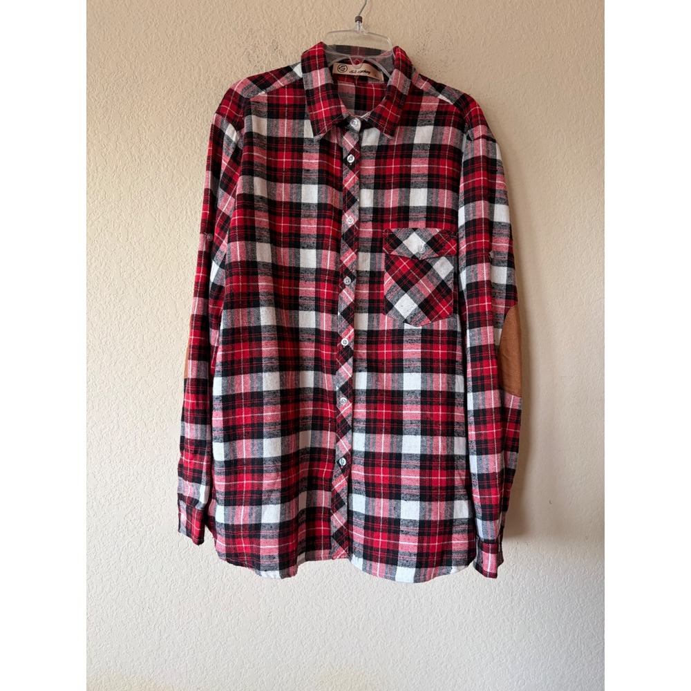 E2 Clothing Red Plaid Flannel Button Down Shirt Elbow Patches FT3037 Womens L